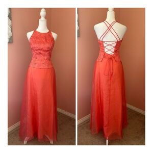 Vintage Y2K beaded sequin shiny two piece lace up corset prom dress made USA 3